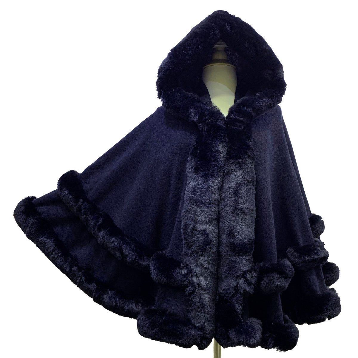 Elegant 2 Row Faux Fur Trim Knit Poncho Ruana Cape