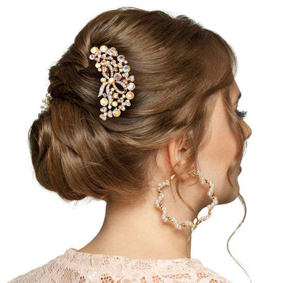 AB Gold Stone Embellished Bow Shamrock Hair Comb. Vintage Hair Piece with glossy rhinestone and elegant artificial pearls,makes your hair pretty exquisite and eye-catching, creating a subtle feminine accent for your bridal hairstyle• Hair Comb is a delicate head collection for wedding, engagement, party, festival and other occasion,will add atmosphere to your special time.