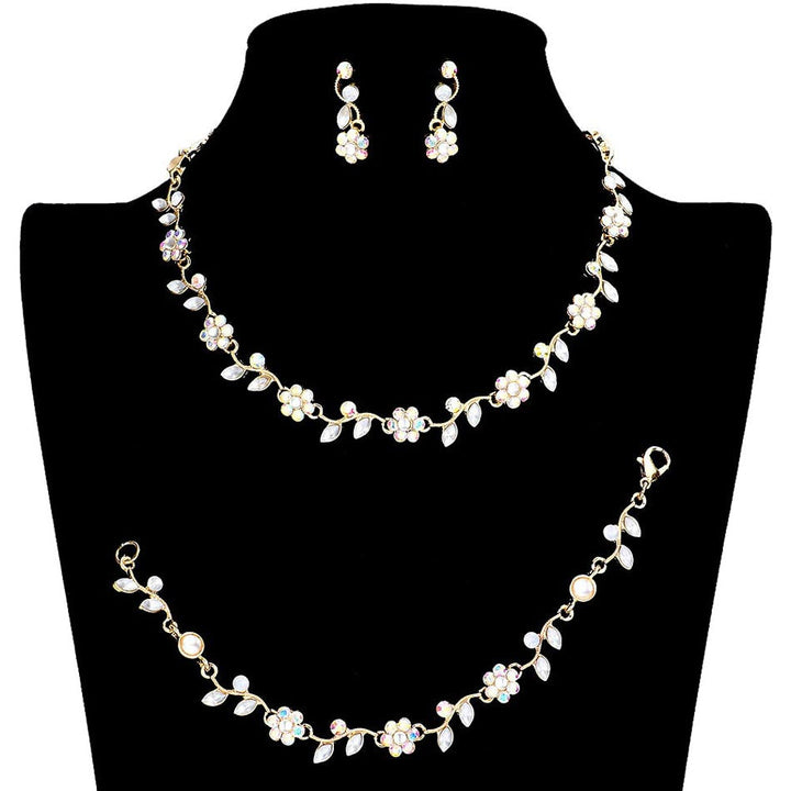 AB Gold 3PCS Flower Leaf Cluster Rhinestone Necklace Jewelry Set, These gorgeous Rhinestone pieces will show your class on any special occasion. The elegance of these rhinestones goes unmatched. Get ready with these bright stunning fashion Jewelry sets, and put on a pop of shine to complete your ensemble. Simple sophistication gives a lovely fashionable glow to any outfit style. Simple sophistication, dazzling polished, is a timeless beauty that makes a notable addition to your collection.