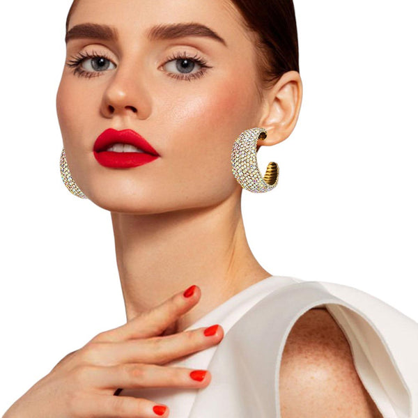 AB Gold Bling Hoop Earrings, Make a statement with these. are made with premium quality materials, providing a long-lasting and luxe look, these earrings are sure to elevate any look. Wear them for an evening event or daily commute. Perfect for adding a touch of pizzazz to any outfit!