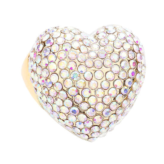 AB Gold Colorful Heart Crystal Rhinestone Pave Stretchable Ring. Beautifully crafted design adds a gorgeous glow to any outfit. Jewelry that fits your lifestyle! Perfect Birthday Gift, Anniversary Gift, Mother's Day Gift, Anniversary Gift, Graduation Gift, Prom Jewelry, Just Because Gift, Thank you Gift.