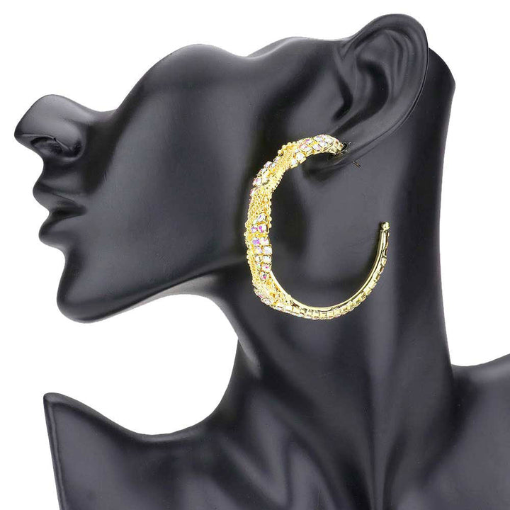 AB Gold Crystal Rhinestone Chain Swirl Hoop Earrings. put on a pop of color to complete your ensemble. Beautifully crafted design adds a gorgeous glow to any outfit. Perfect for adding just the right amount of shimmer & shine. Jewelry that fits your lifestyle!  Perfect for Birthday Gift, Anniversary Gift, Mother's Day Gift, Graduation Gift, Valentine's Day Gift.