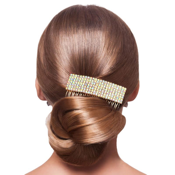 AB Gold Embellished Rhinestone Pave Hair Comb, amps up your hairstyle with a glamorous look as you are with this Rhinestone Pave hair comb! Add spectacular sparkle into your hair that brightens your moments with joy. Perfect for adding just the right amount of shimmer & shine. It will add a touch of class, beauty, and style to your wedding, prom, and special events. It is made of embellished stone to keep your hair sparkling all day & all night long with the perfect gorgeousness.