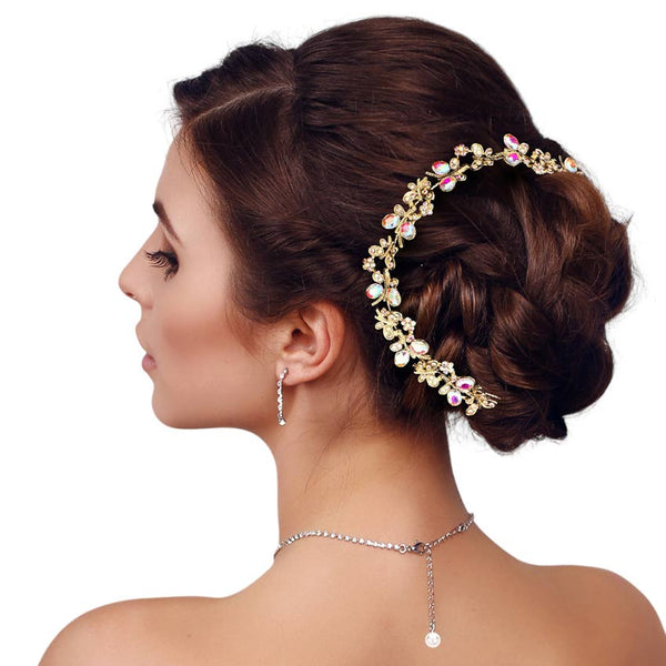 AB Gold Floral Oval Stone Accented Bun Wrap Headpiece, Elevate your special occasion or wedding hairstyle with this exquisite piece. With delicate floral motifs and shimmering oval stones, it's the perfect finishing touch for brides, or anyone looking to make a statement. Give the gift of timeless beauty with this headpiece.