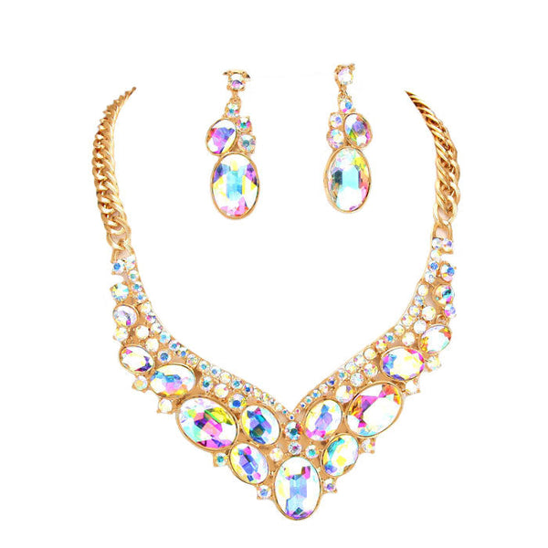 AB Gold Oval Glass Crystal Evening Necklace, Glass Statement Crystal stunning jewelry set will sparkle all night long making you shine out like a diamond. make a stylish addition to your fashion necklace and jewelry collection. put on a pop of color to complete your ensemble. perfect for a night out on the town or a black tie party, Perfect Gift, Birthday, Anniversary, Prom, Mother's Day Gift, Wedding, Bridesmaid etc.