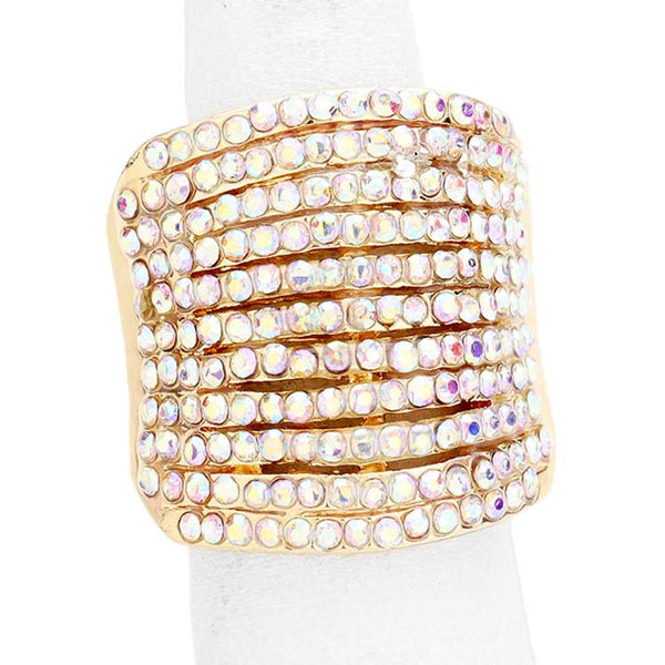 AB Gold Rhinestone Pave Multi Row Stretch Ring, The beautiful Rhinestone Stretch Ring has a beautiful charm that attracts eyesight and leads to a smile or two. Perfect Birthday Gift, Anniversary Gift, Mother's Day Gift, Graduation Gift,  Just Because Gift, Thank you, Gift, Valentine's Day Gift. Jewelry that fits your lifestyle