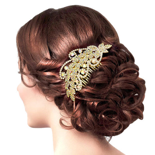 AB Gold Round Stone Accented Rhinestone Wedding Bridal Hair Comb. Perfect for adding just the right amount of shimmer & shine, will add a touch of class, beauty and style to your wedding, prom, special events, embellished glass crystal to keep your hair sparkling all day & all night long.