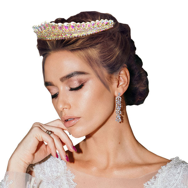 AB  Gold Teardrop Cluster Detailed Princess Tiara. Perfect for adding just the right amount of shimmer & shine, will add a touch of class, beauty and style to your wedding, prom, special events, embellished glass crystal to keep your hair sparkling all day & all night long.