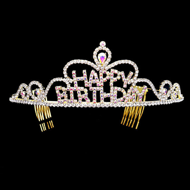 AB Gold Teardrop Crystal Rhinestone Happy Birthday Tiara. Turn any cake into a royal treat for your daughter's princess themed birthday party with this Tiara. Ideal for dolling up the guest of honor on her special day, this party tiara also makes a fun cake decoration. Add it to a gift for the birthday girl or lay it at her place setting to be donned right before she blows out the candles on her birthday cake.