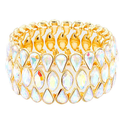 AB Gold Teardrop Marquise Stone Cluster Stretch Evening Bracelet. These gorgeous marquise stone pieces will show your class in any special occasion. Eye-catching sparkle, sophisticated look you have been craving for! Fabulous fashion and sleek style adds a pop of pretty color to your attire, coordinate with any ensemble from business casual to everyday wear. Awesome gift for birthday, Anniversary, Valentine’s Day or any special occasion.