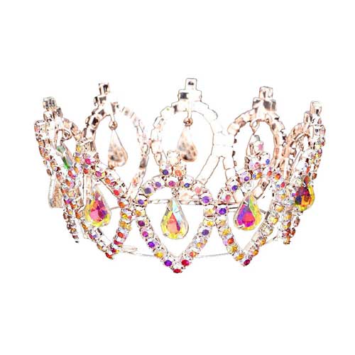 AB Rose Gold Pave Crystal Rhinestone Teardrop Dangle Mini Crown Tiara. Perfect for adding just the right amount of shimmer & shine, will add a touch of class, beauty and style to your wedding, prom, special events, embellished glass crystal to keep your hair sparkling all day & all night long.