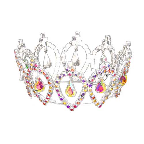 AB Silver Pave Crystal Rhinestone Teardrop Dangle Mini Crown Tiara. Perfect for adding just the right amount of shimmer & shine, will add a touch of class, beauty and style to your wedding, prom, special events, embellished glass crystal to keep your hair sparkling all day & all night long.