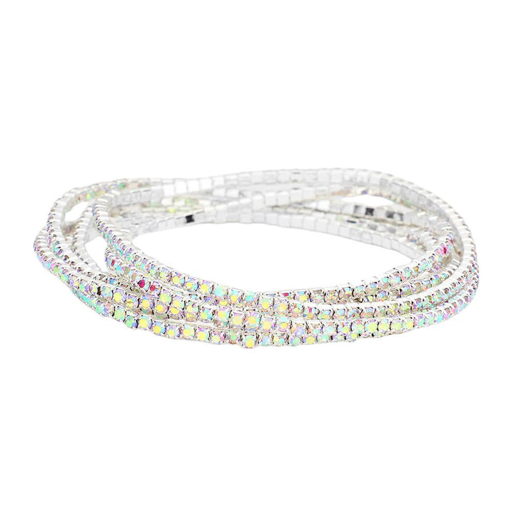 AB Silver 6PCS - Rhinestone Multi Layered Stretch Evening Bracelets, Perfect for a formal event or adding some glam to your everyday look. The sparkling rhinestones will catch the light and make you shine! Get ready to turn heads and feel confident with each wear. The ideal choice for making a lovely gift to your loved ones.