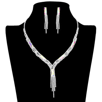 AB Silver Rectangle Stone Accented Rhinestone Fringe Tip Jewelry Set, perfect for adding a touch of elegance to any special occasion outfit. Featuring a beautiful rectangle stone accent, this necklace and earring set will be a unique addition to any jewelry collection. Perfect gift choice for loved ones on any special day.