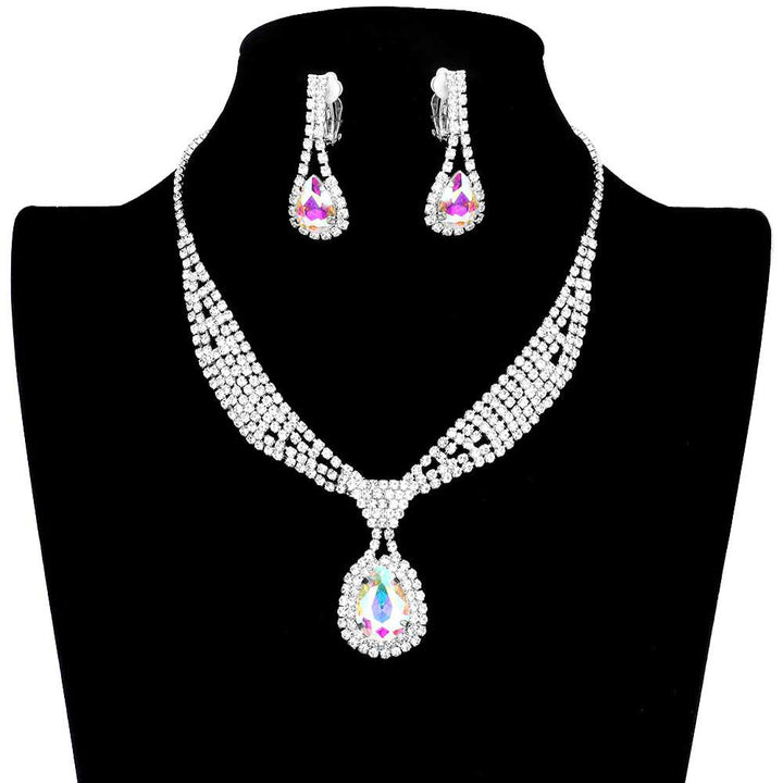 AB Silver Rhinestone Pave Teardrop Collar Necklace & Clip Earring Set, stunning jewelry set will sparkle all night long making you shine out like a diamond. perfect for a night out on the town or a black tie party, Perfect Gift, Birthday, Anniversary, Prom, Mother's Day Gift, Sweet 16, Wedding, Quinceanera, Bridesmaid.