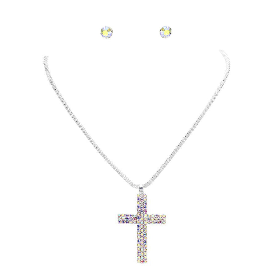 Silver Rhinestone Paved Cross Pendant Jewelry Set is exquisitely crafted from premium-grade metal alloy for a lasting shine. Its intricate design is adorned with shimmering rhinestones for an elegant look. The set includes a matching necklace and earrings. Perfect gift for religious friends and family members.