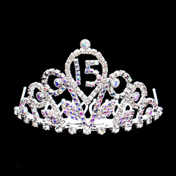 AB Silver Sweet 15 Rhinestone Princess Mini Tiara. This princess mini tiara is a classic royal tiara made from gorgeous rhinestone is the epitome of elegance, luxury and grace. Most stylish number 15 design with impeccable craftsmanship without fading. Match for any suit. Stay in Place; Side combs at each end of the tiara for securely fixation with hair. Profound Memory: Capture all her royal glory all day long as she celebrates her special day. Can be kept as a keepsake for years to come.