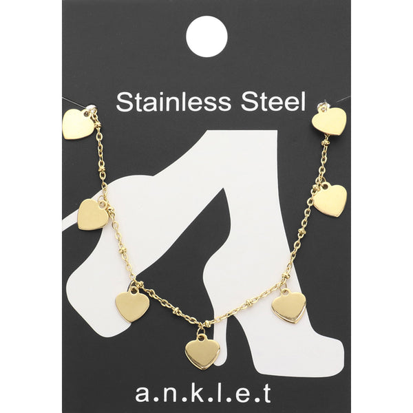 Gold Stainless Steel Heart Charm Station Anklet
