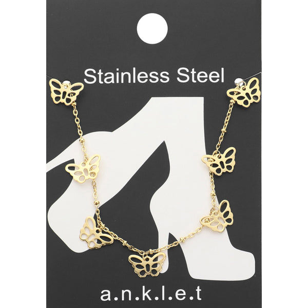 Gold Stainless Steel Butterfly Charm Station Anklet