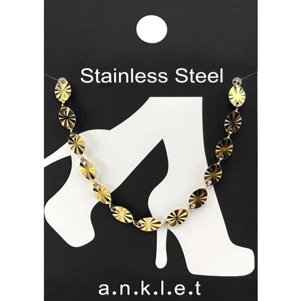 Gold Stainless Steel Etched Disc Link Chain Anklet