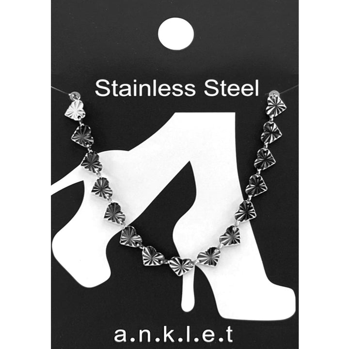 Rhodium Stainless Steel Textured Heart Link Chain Anklet