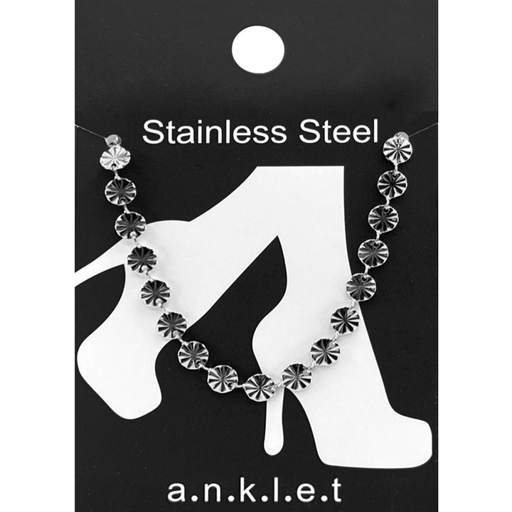 Rhodium Stainless Steel Textured Disc Link Chain Anklet