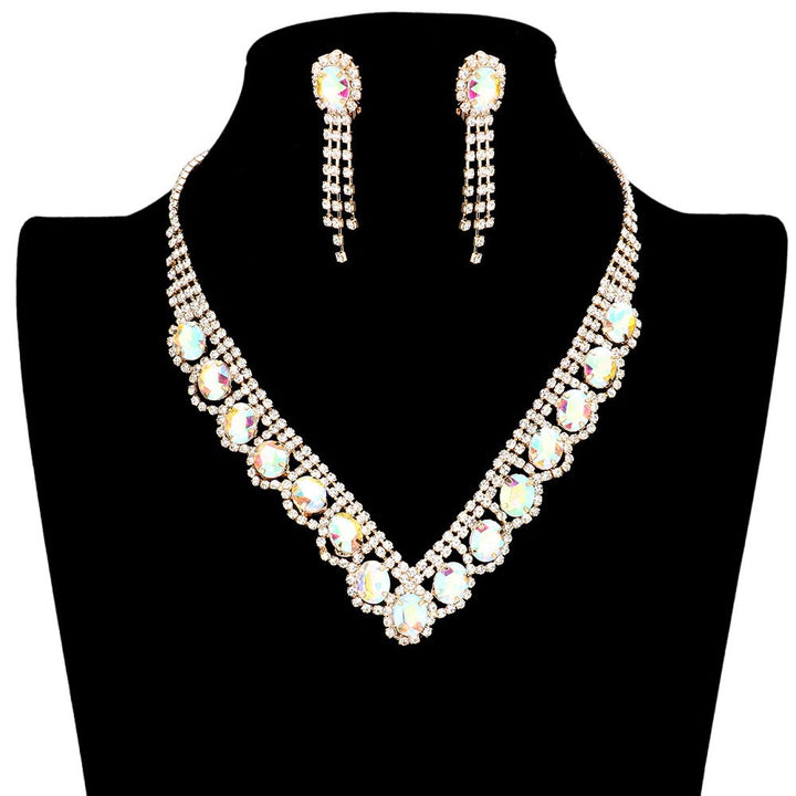 Ab Gold Oval Stone Accented V Shaped Rhinestone Necklace Earring Set, get ready with these oval stone accented necklaces to receive the best compliments on any special occasion. Put on a pop of color to complete your ensemble and make you stand out on special occasions. Perfect for adding just the right amount of shimmer & shine and a touch of class to special events.