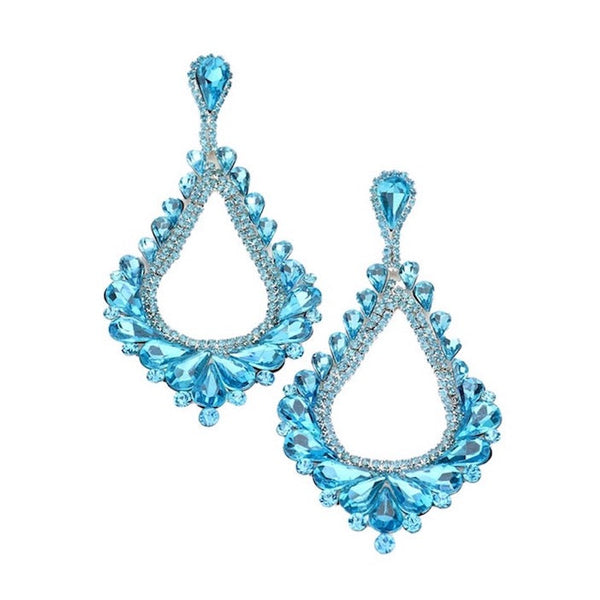 Aqua Oversized Cut Out Cluster Vine Teardrop Statement Evening Earrings; ideal for parties, weddings, graduation, prom, holidays, pair these exquisite crystal earrings with any ensemble for an elegant, poised look. Birthday Gift, Mother's Day Gift, Anniversary Gift, Quinceanera, Sweet 16, Bridesmaid, Bride, Milestone Gift