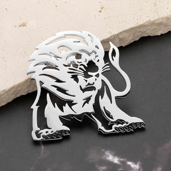 Silver Stainless Steel Cutout Lion Pin Brooch