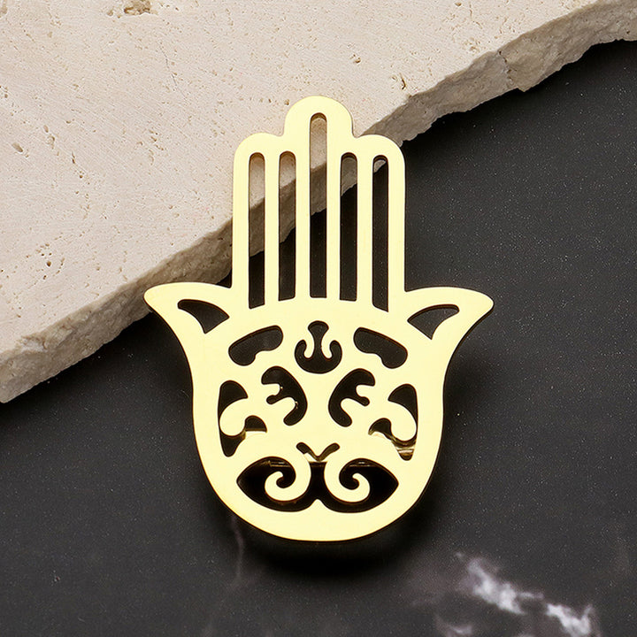 Gold Stainless Steel Cutout Hamsa Hand Pin Brooch