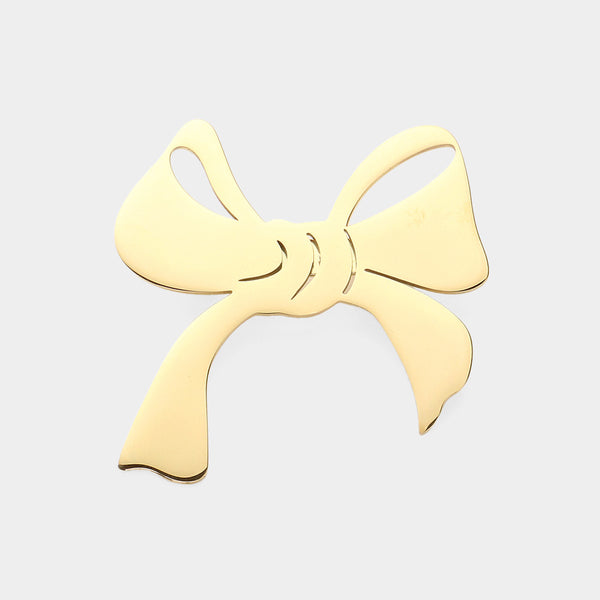 Gold Stainless Steel Cutout Bow Pin Brooch