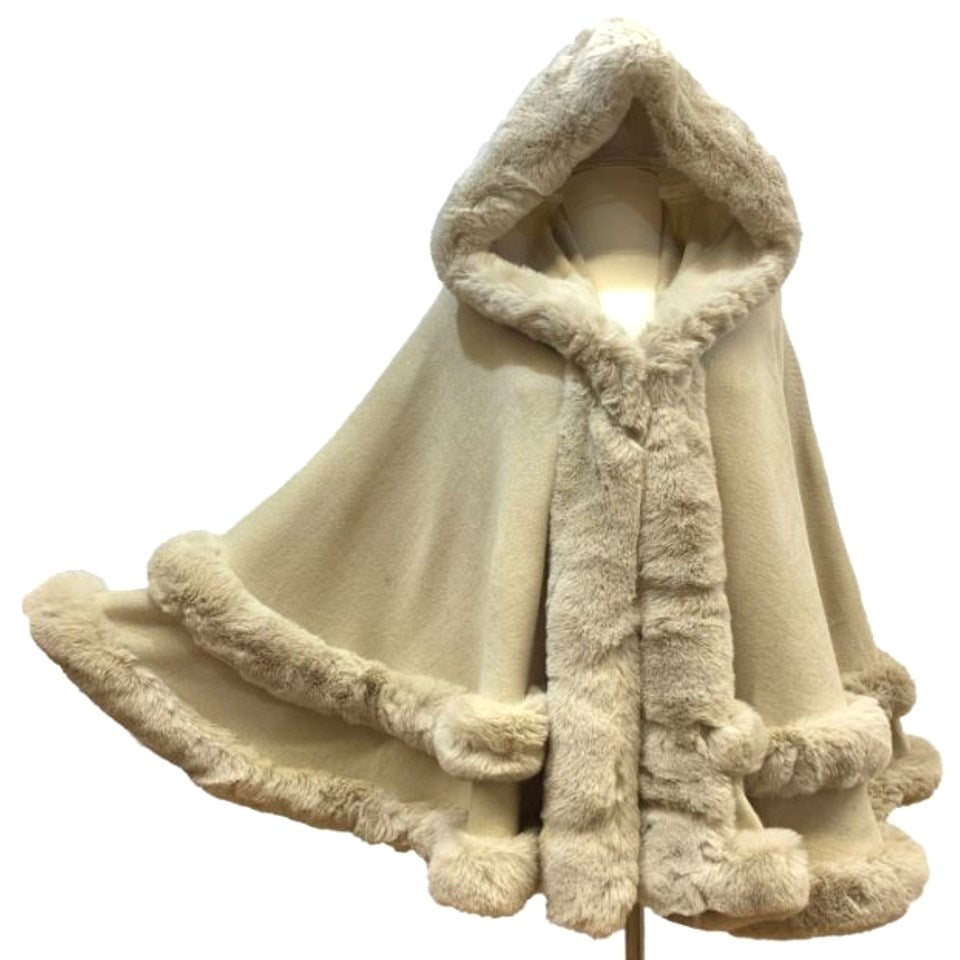 Elegant 2 Row Faux Fur Trim Knit Poncho Ruana Cape