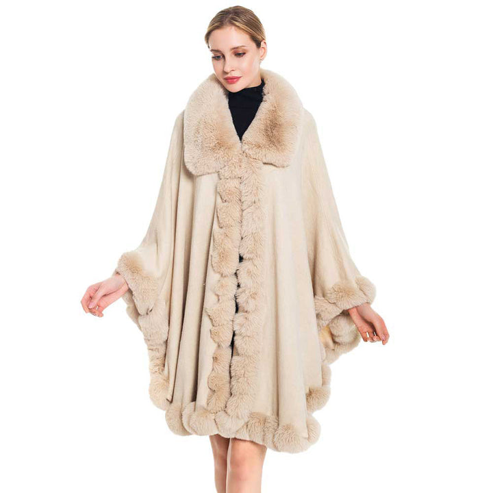 Beige Fashionable Faux Fur Trim Poncho, is cute, luxurious and the best comfort accessory for this winter. The cute color variation and fashionable look enhance your glamour at any place and any occasion. It is the best companion which keeps you warm and toasty in the cold weather and outings. You can throw it on over so many pieces elevating any casual outfit! Perfect Gift for Wife, Mom, Birthday, Holiday, Christmas, Anniversary, Fun Night Out. Stay awesome and trendy with this beautiful poncho.