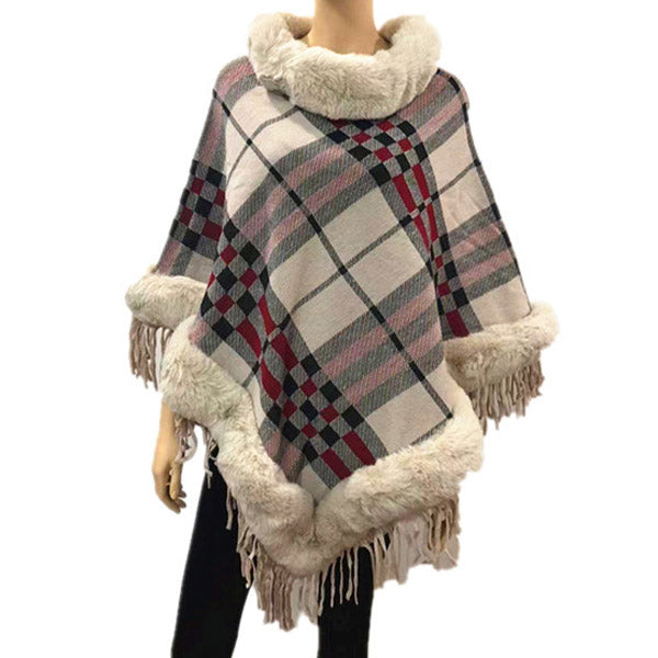 Faux Fur Trim and Collar Plaid Pattern Fringe Poncho Ruana