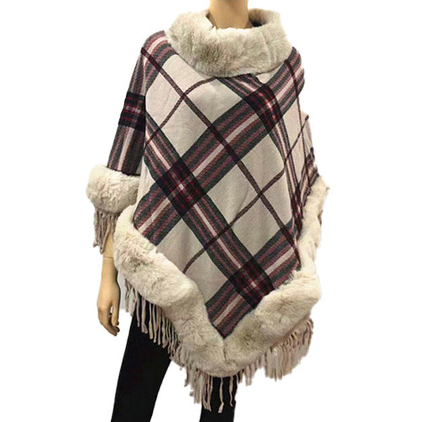 Faux Fur Trim Classic Plaid Pattern Fringe Poncho Ruana