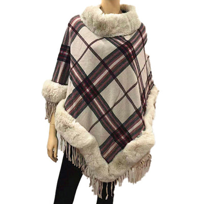 Faux Fur Trim Classic Plaid Pattern Fringe Poncho Ruana