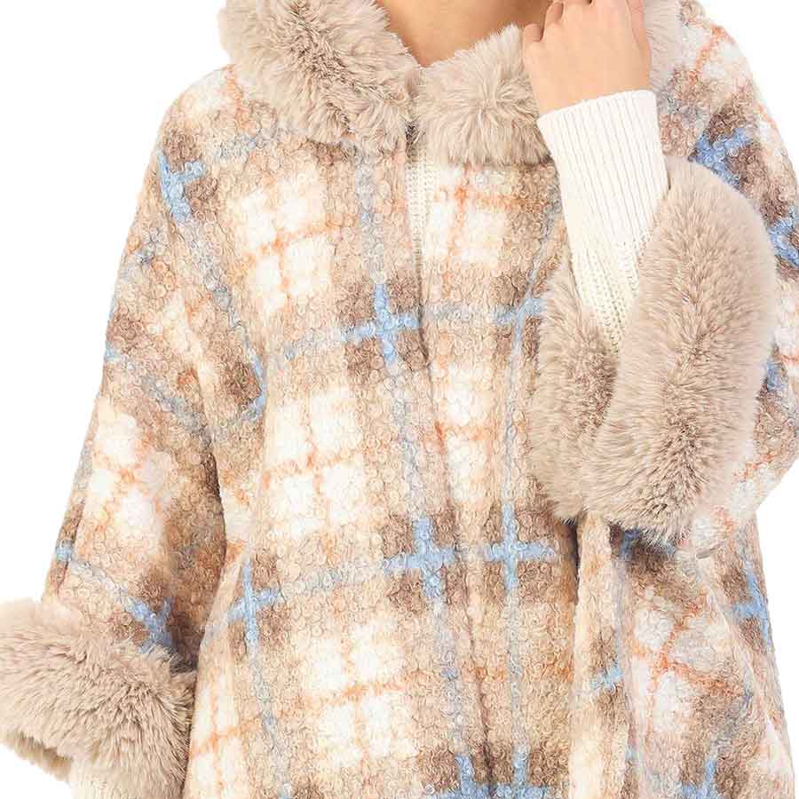 Beige Soft Checker Pattern Hoodie Cape with Faux Fur, This Soft Checker Pattern Hoodie Cape hits a ‘fashion home run’- on the outside and the same inside for super warmth and comfort. Perfect to keep your head and neck toasty warm. You can throw it on over so many pieces elevating any casual outfit! Perfect Gift for Wife, Mom, Birthday, Holiday, Anniversary, Fun Night Out.