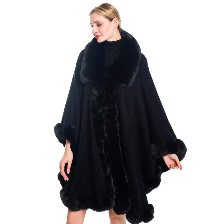 Black Fashionable Faux Fur Trim Poncho, is cute, luxurious and the best comfort accessory for this winter. The cute color variation and fashionable look enhance your glamour at any place and any occasion. It is the best companion which keeps you warm and toasty in the cold weather and outings. You can throw it on over so many pieces elevating any casual outfit! Perfect Gift for Wife, Mom, Birthday, Holiday, Christmas, Anniversary, Fun Night Out. Stay awesome and trendy with this beautiful poncho.