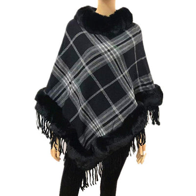 Faux Fur Trim Classic Plaid Pattern Fringe Poncho Ruana