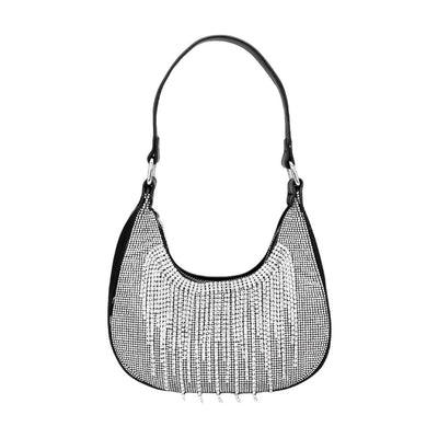 Black Rhinestone Fringe Evening Shoulder Crossbody Bag, exudes glamour and sophistication with its sleek design and rhinestone detailing. It features an adjustable shoulder strap and a durable closure to ensure all your belongings stay secure. Shine up with This Rhinestone Fringe Evening Shoulder Crossbody Bag.