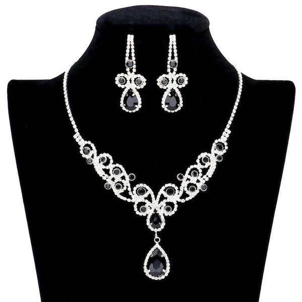 Black Teardrop Crystal Rhinestone Vine Evening Necklace Clip On Earrings Set, dazzle on your Special Occasion, jewelry set will sparkle all night long. Perfect Bridal Jewelry, Birthday Gift, Mother's Day Gift, Anniversary Gift, Prom, Graduation, Sweet 16, Quinceanera, Wedding Bride, Mother of the Bride, Bridesmaid