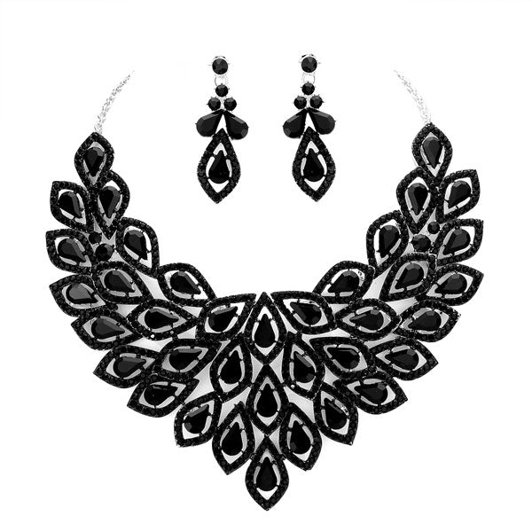 Black Teardrop Rhinestone Trimmed Cluster Evening Necklace. These gorgeous rhinestone pieces will show your class in any special occasion. The elegance of these Stone goes unmatched, great for wearing at a party! stunning jewelry set will sparkle all night long making you shine out like a diamond. perfect for a night out or a black tie party. Awesome gift for  Birthday, Anniversary, Prom, Mother's Day Gift, Sweet 16, Wedding, Bridesmaid.