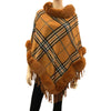 Faux Fur Trim Classic Plaid Pattern Fringe Poncho Ruana