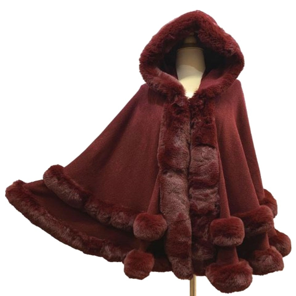 Elegant 2 Row Faux Fur Trim Knit Poncho Ruana Cape