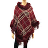 Faux Fur Trim Classic Plaid Pattern Fringe Poncho Ruana