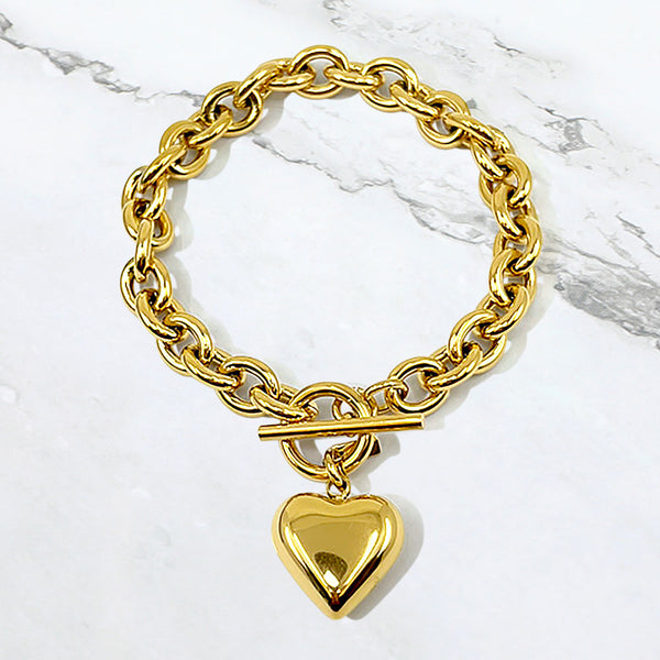 Gold Stainless Steel Puffy Heart Charm Toggle Bracelet