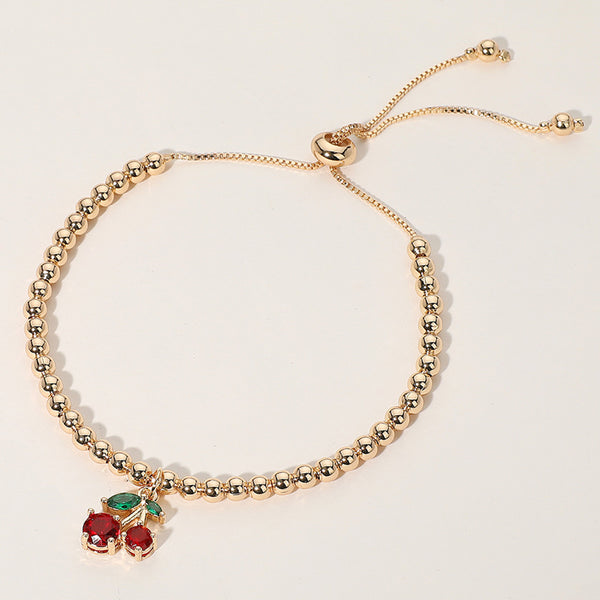 Gold SECRET BOX_Stainless Steel Cherry Charm Beaded Adjustable Cinch Pull Tie Bracelet