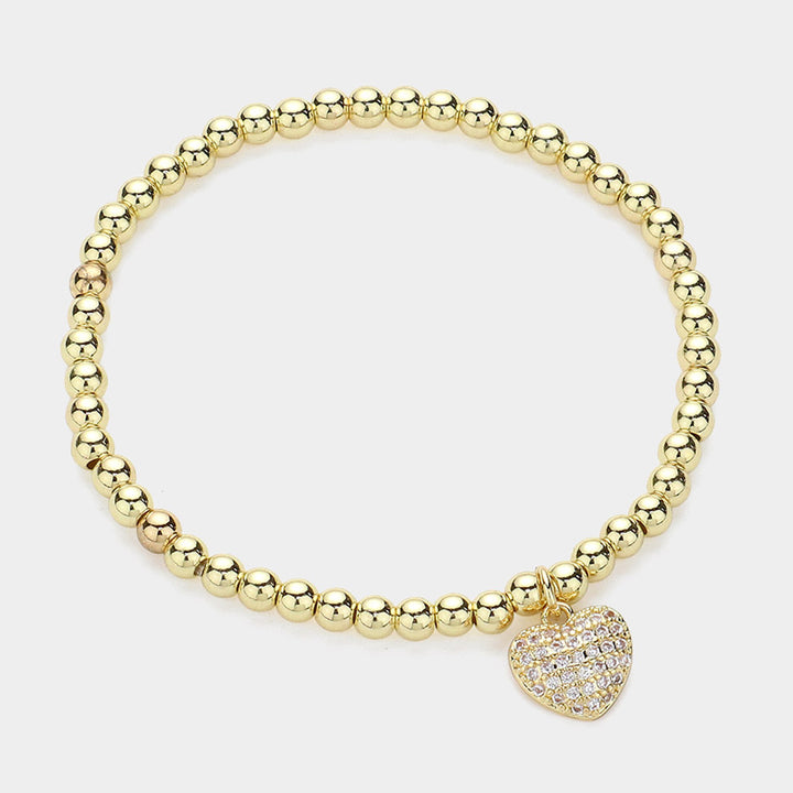 Gold Stainless Steel Stone Paved Heart Charm Stretch Ball Bracelet