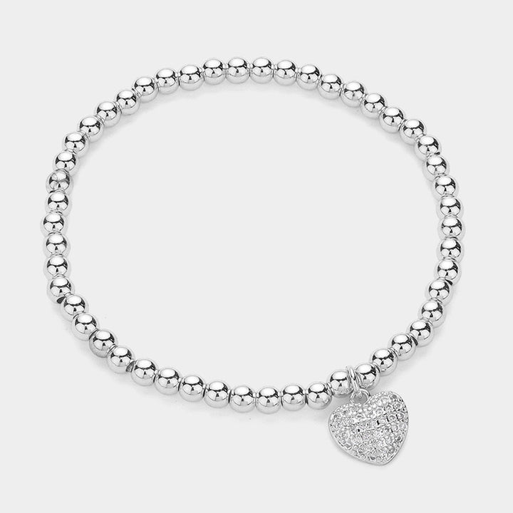 Silver Stainless Steel Stone Paved Heart Charm Stretch Ball Bracelet