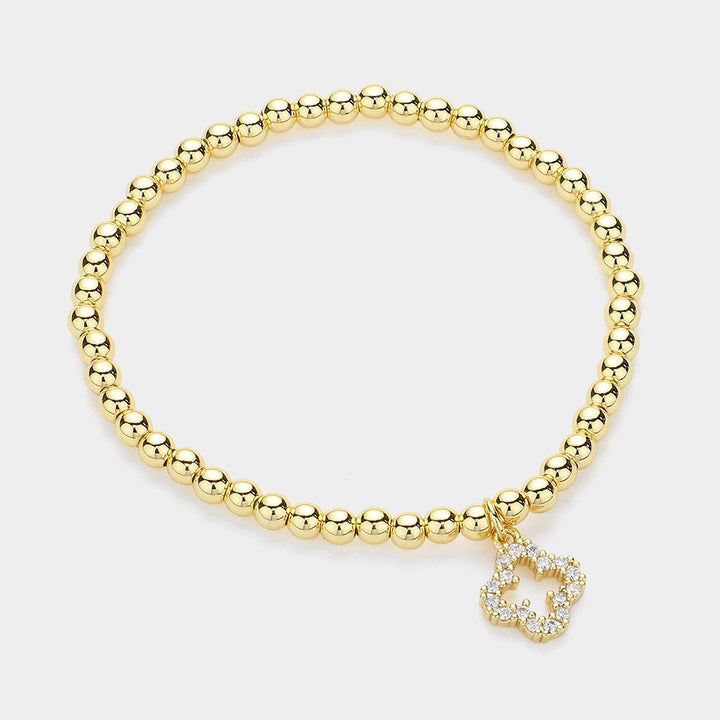 Gold Stainless Steel Stone Paved Open Quatrefoil Charm Stretch Ball Bracelet